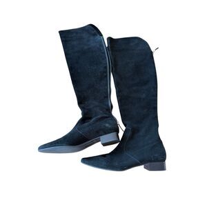 Talbots Womens Black Suede Cuffed Pointed Toe Low Block Heel Tall Boots Size 8B